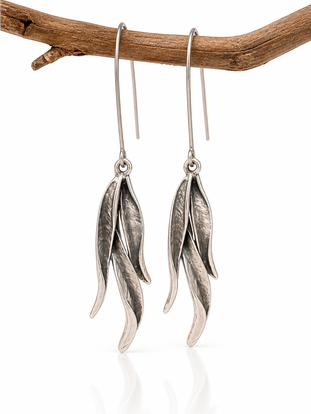 Silver Leaf Dangle Earrings, Nature Inspired, Boho Drop